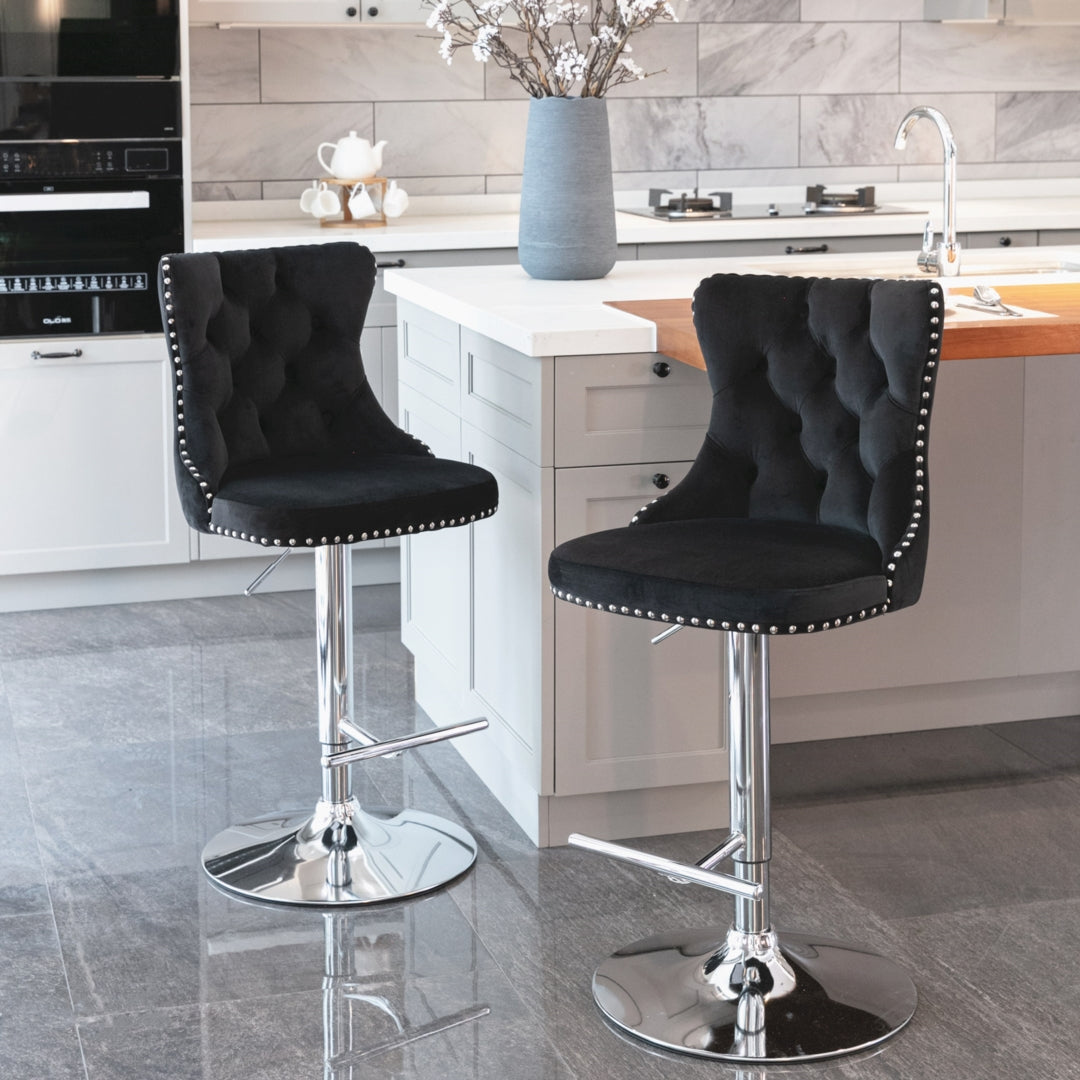 2x Height Adjustable Swivel Bar Stool Velvet Studs Barstool with Footrest and Chromed Base- Black 10