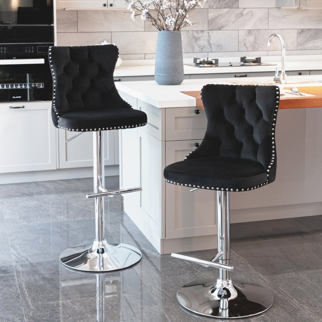 2x Height Adjustable Swivel Bar Stool Velvet Studs Barstool with Footrest and Chromed Base- Black 11