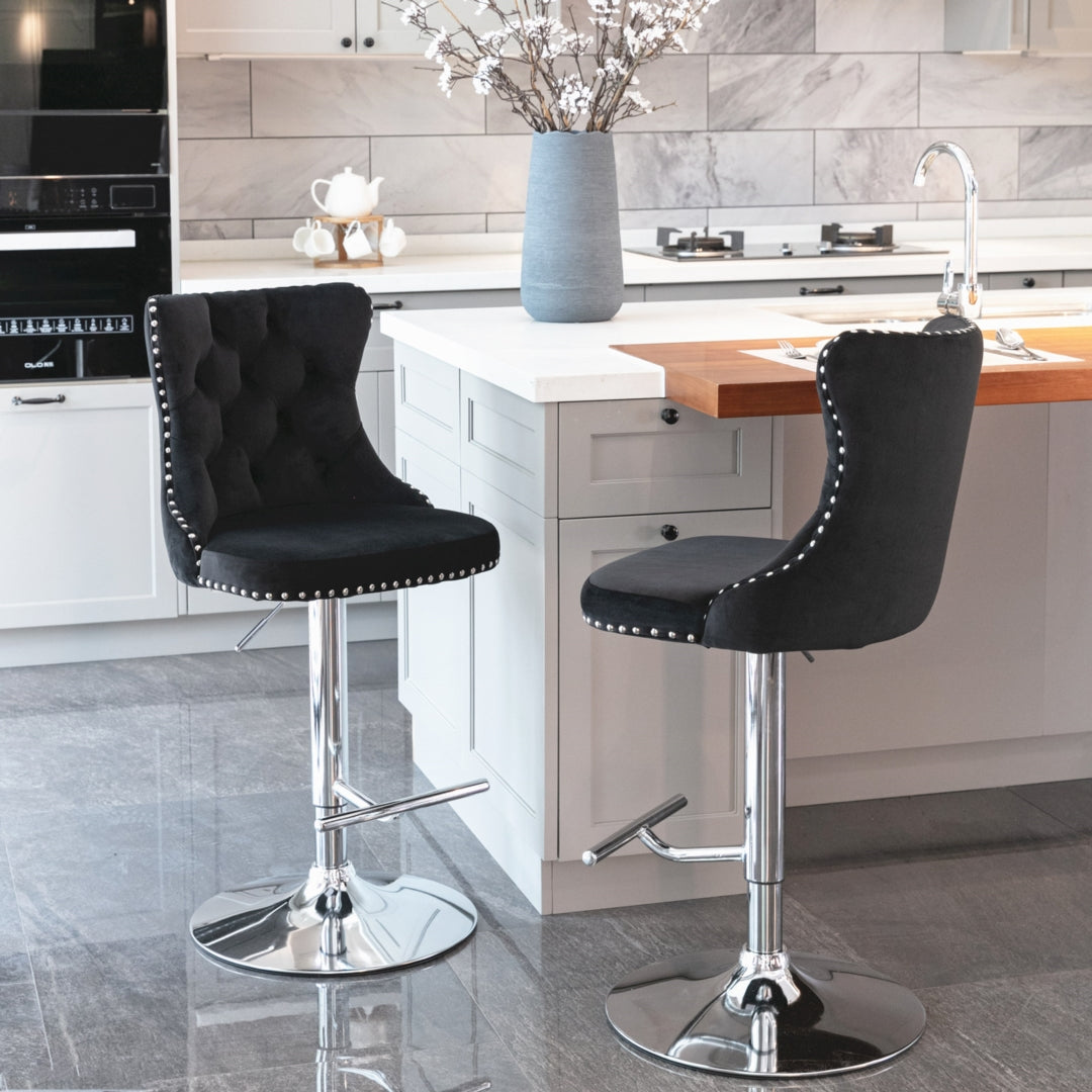 2x Height Adjustable Swivel Bar Stool Velvet Studs Barstool with Footrest and Chromed Base- Black 8