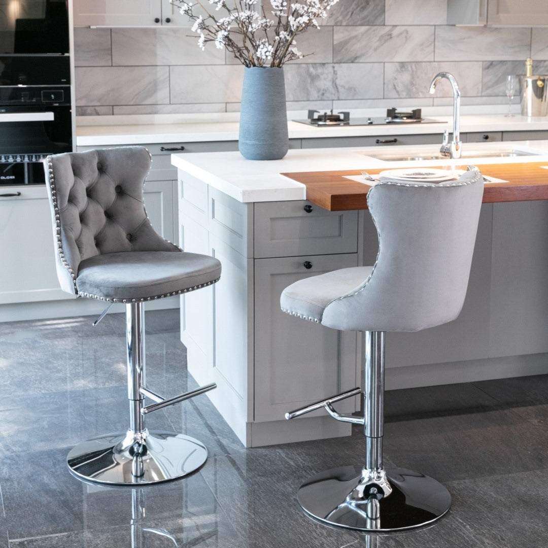 4x Height Adjustable Swivel Bar Stool Velvet Stud Barstool with Footrest and Chromed Base- Gray 3