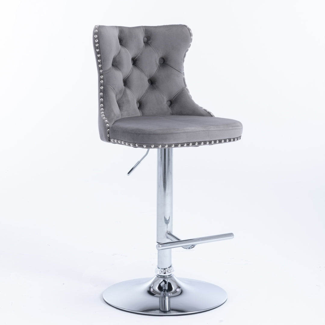 4x Height Adjustable Swivel Bar Stool Velvet Stud Barstool with Footrest and Chromed Base- Gray 4