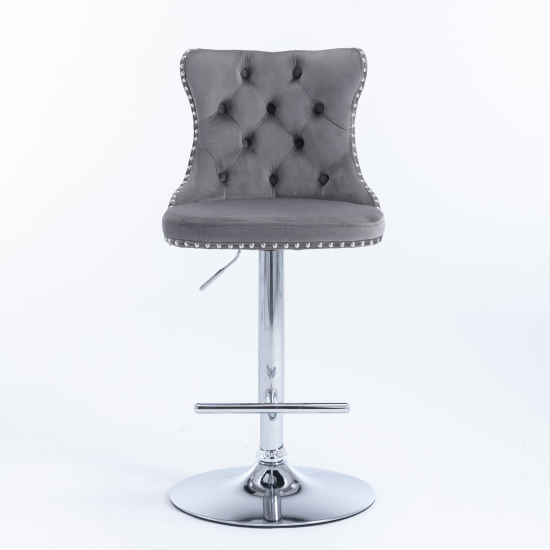 4x Height Adjustable Swivel Bar Stool Velvet Stud Barstool with Footrest and Chromed Base- Gray 5