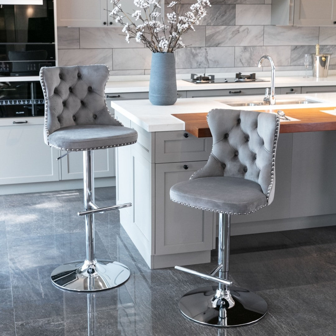 4x Height Adjustable Swivel Bar Stool Velvet Stud Barstool with Footrest and Chromed Base- Gray 10
