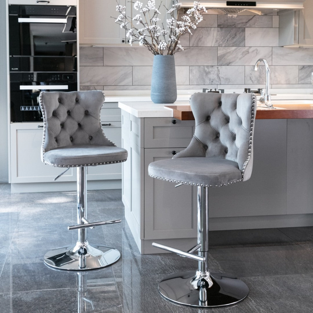 4x Height Adjustable Swivel Bar Stool Velvet Stud Barstool with Footrest and Chromed Base- Gray 14