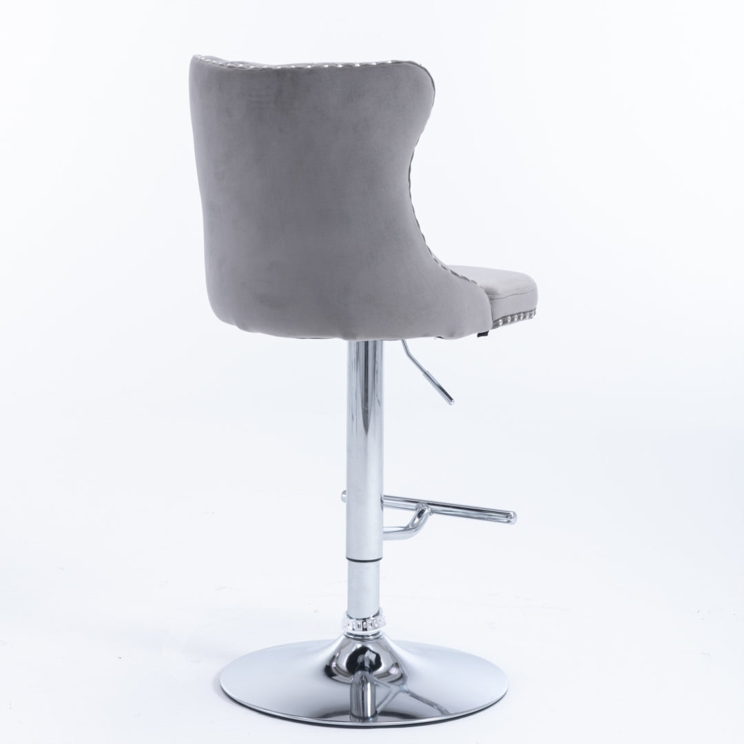 2x Height Adjustable Swivel Bar Stool Velvet Stud Barstool with Footrest and Chromed Base- Gray 7