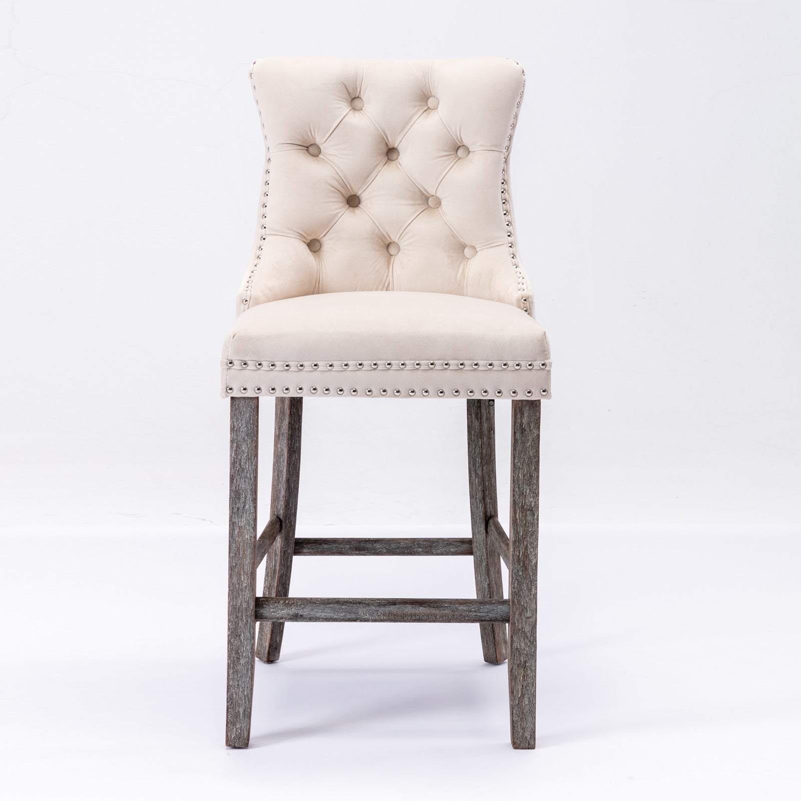 6X Velvet Bar Stools with Studs Trim Wooden Legs Tufted Dining Chairs Kitchen 3
