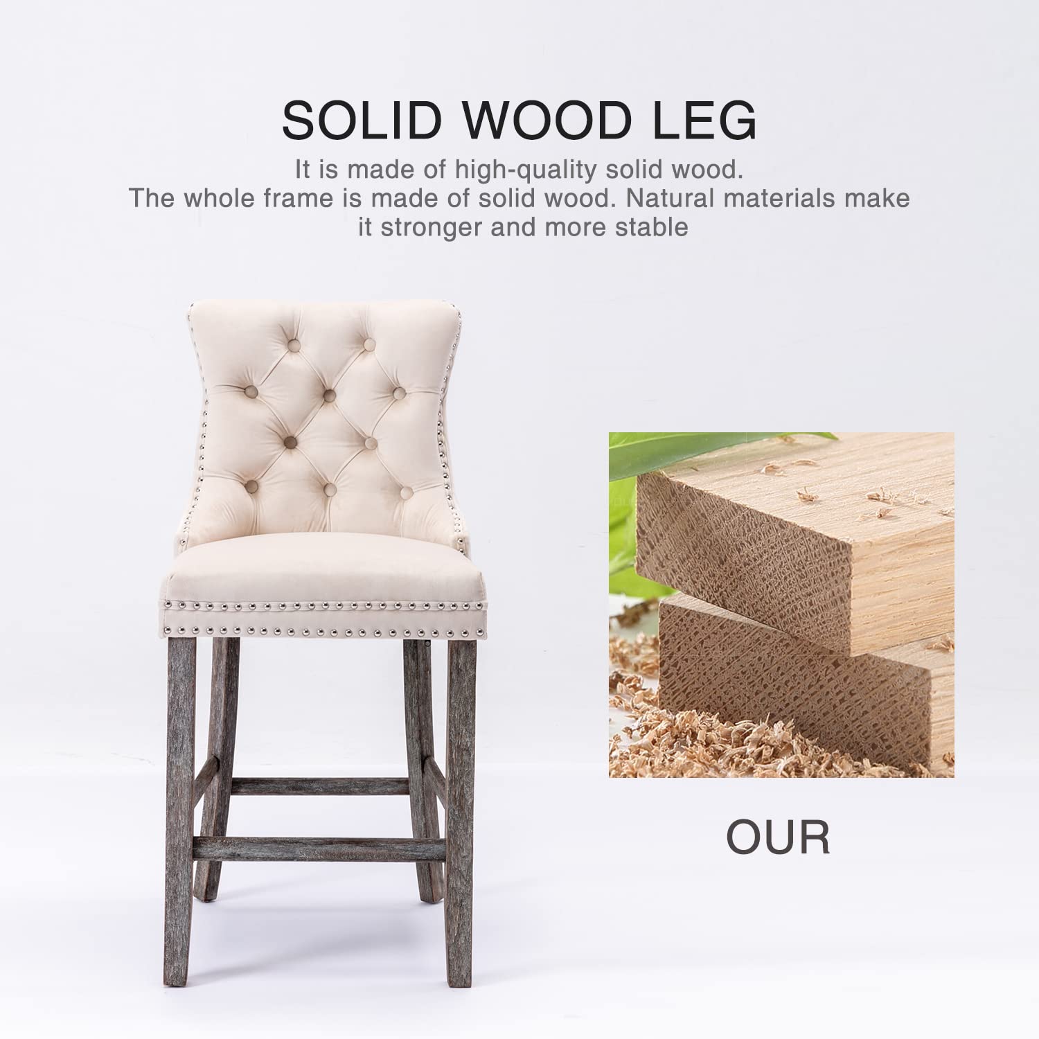 2X Velvet Bar Stools with Studs Trim Wooden Legs Tufted Dining Chairs Kitchen 15