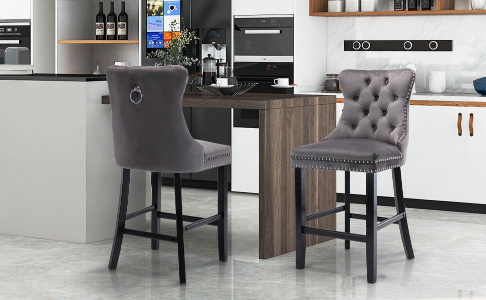 4X Velvet Bar Stools with Studs Trim Wooden Legs Tufted Dining Chairs Kitchen 10