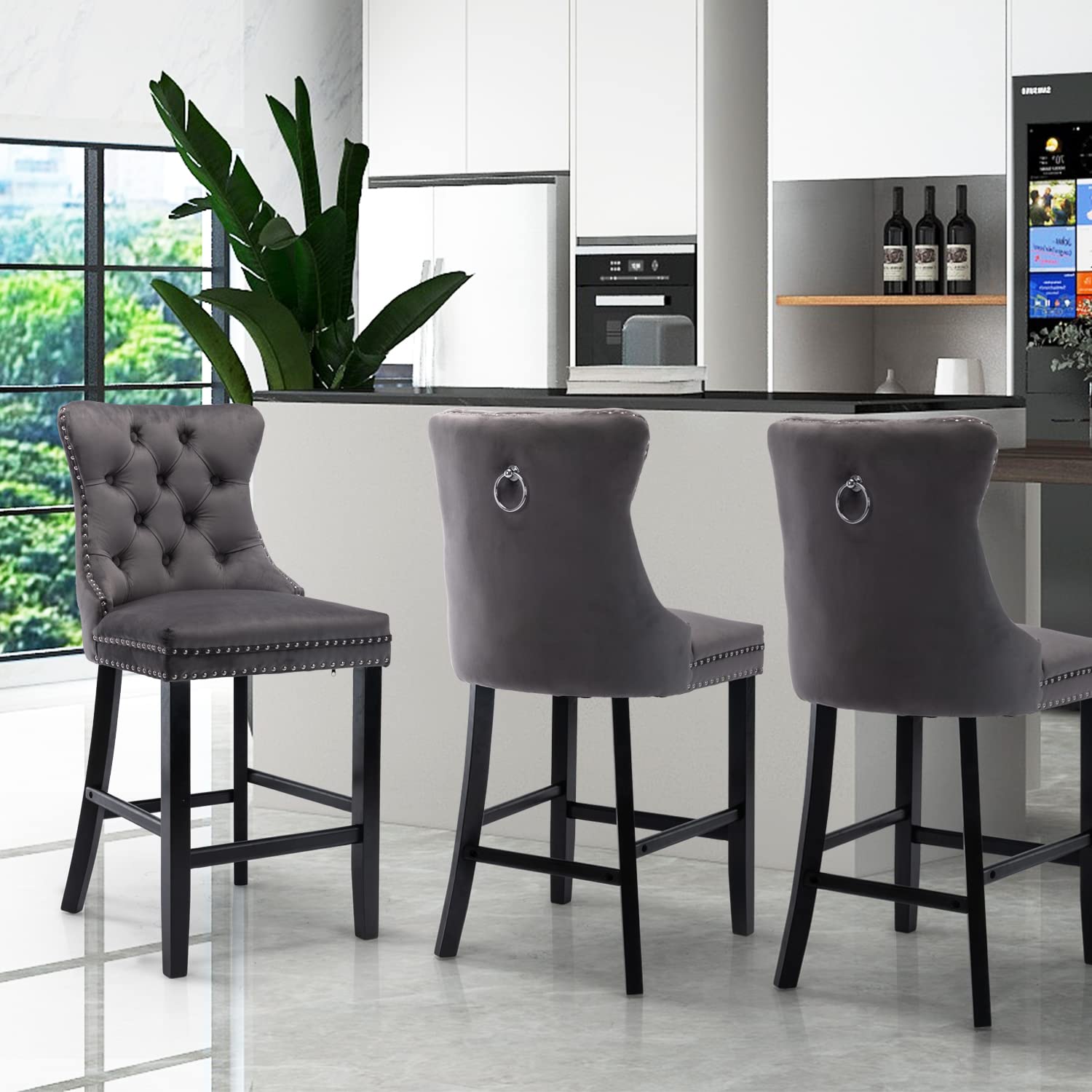 4X Velvet Bar Stools with Studs Trim Wooden Legs Tufted Dining Chairs Kitchen 15