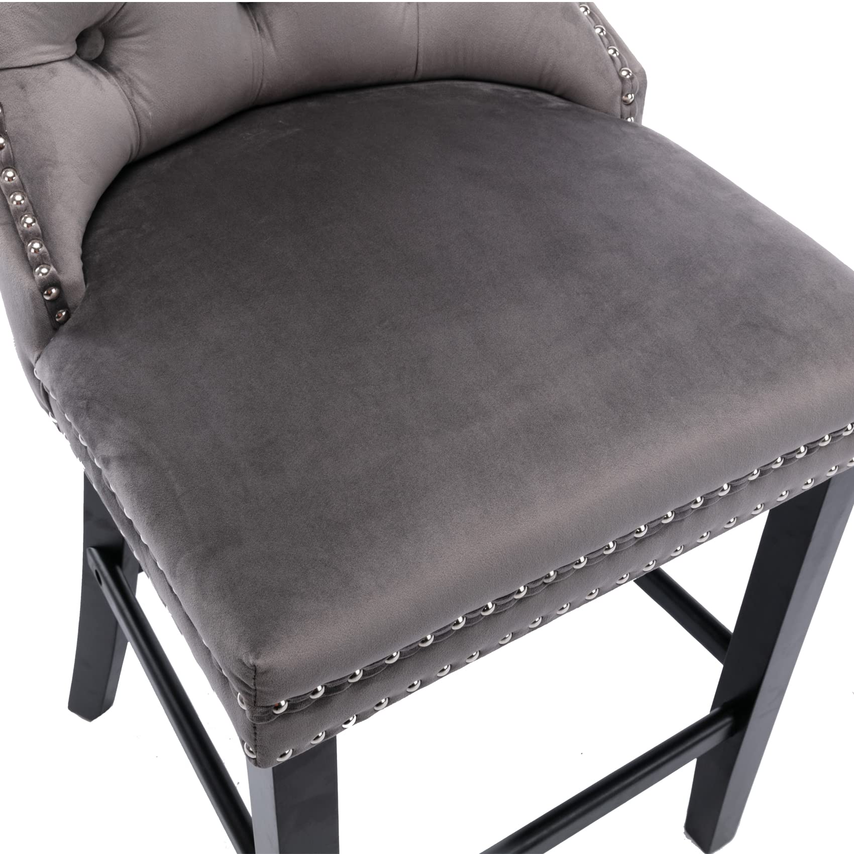 6X Velvet Bar Stools with Studs Trim Wooden Legs Tufted Dining Chairs Kitchen 14