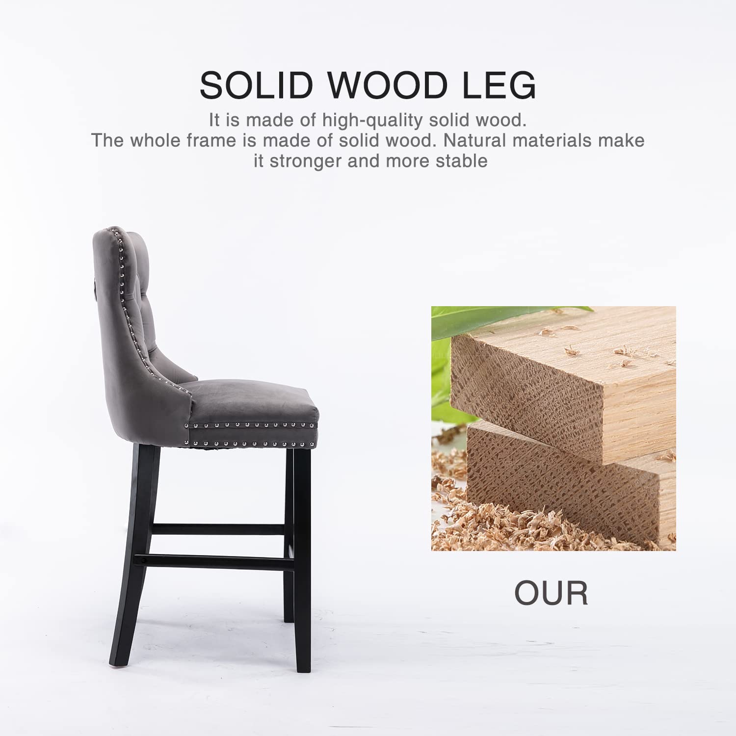 2X Velvet Bar Stools with Studs Trim Wooden Legs Tufted Dining Chairs Kitchen 15