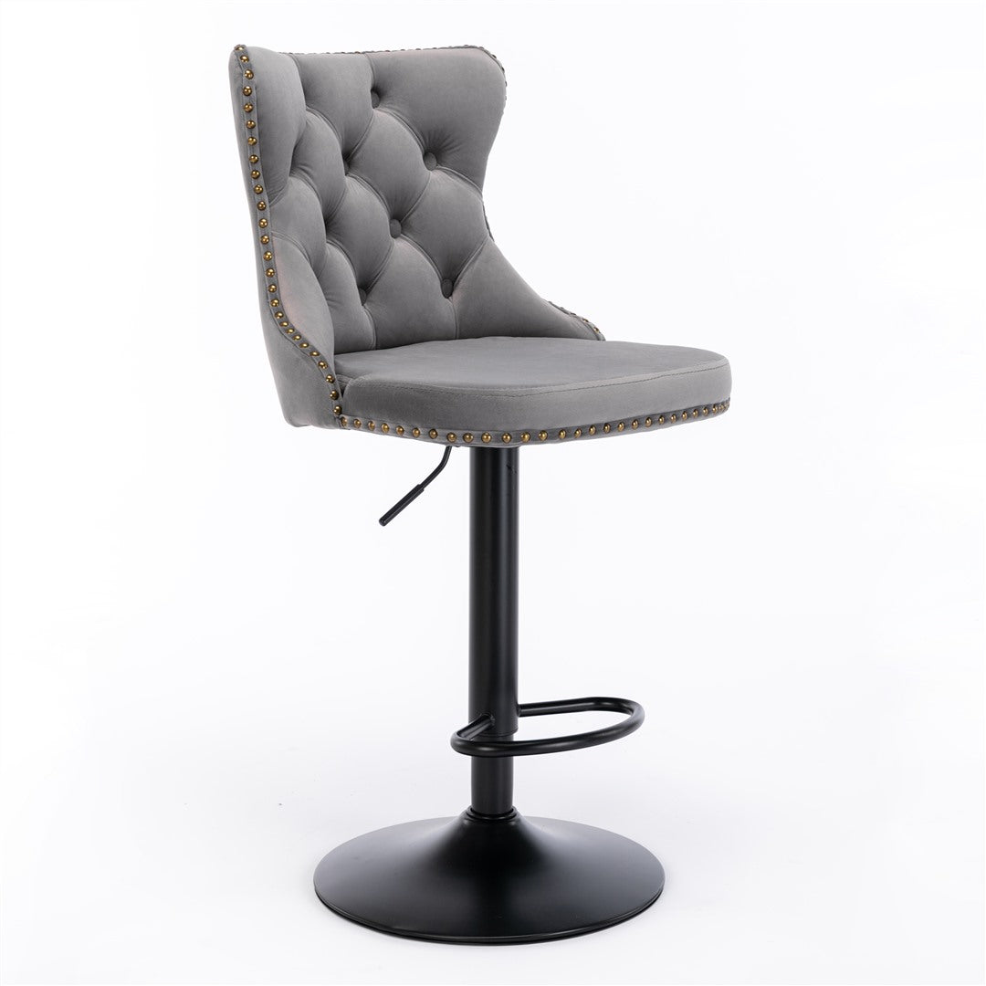 4x Height Adjustable Swivel Bar Stool Velvet Nailhead Barstool with Footrest 4