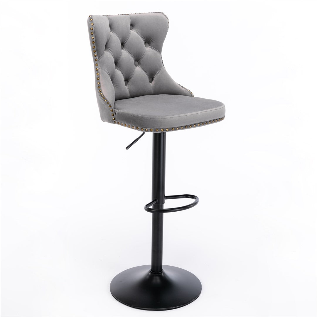 4x Height Adjustable Swivel Bar Stool Velvet Nailhead Barstool with Footrest 8