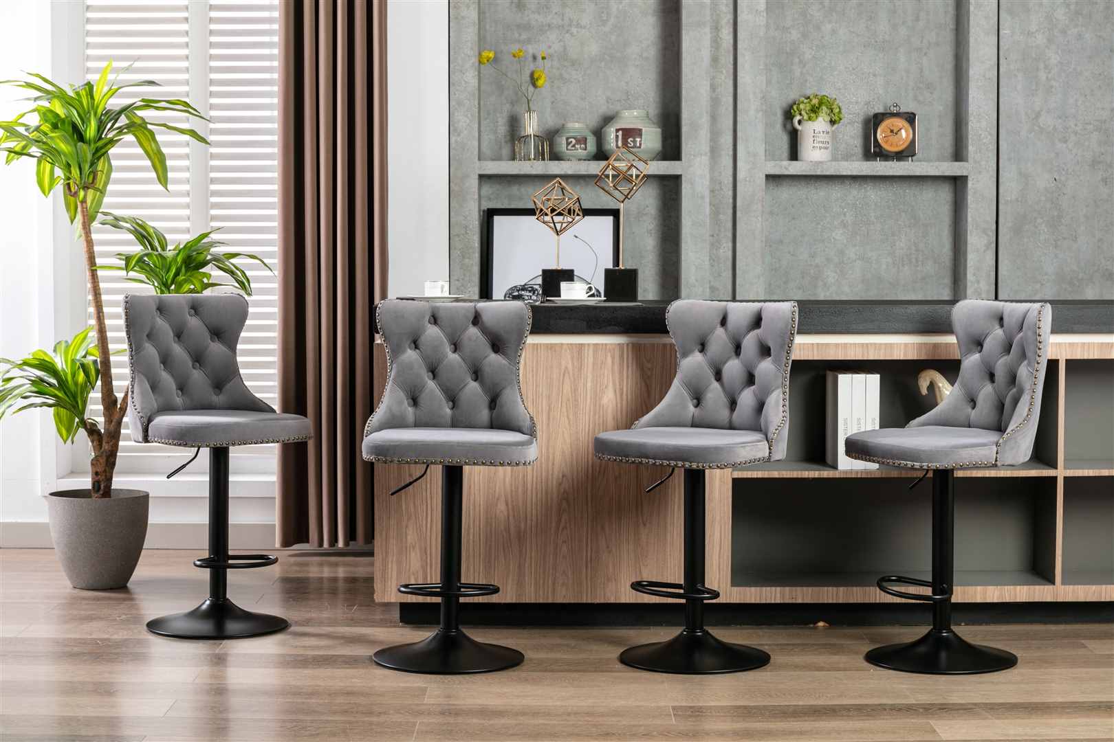 2x Height Adjustable Swivel Bar Stool Velvet Nailhead Barstool with Footrest 13