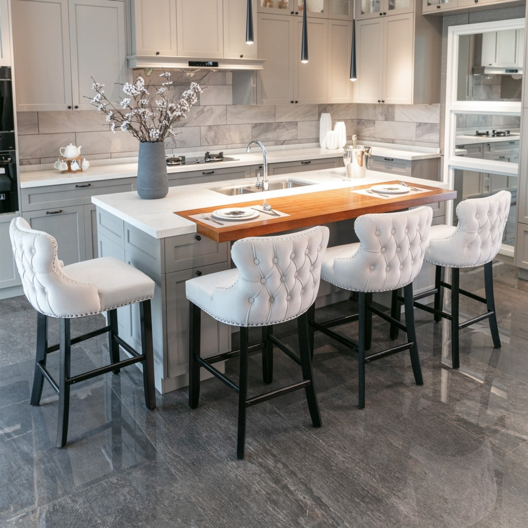 4x Velvet Upholstered Button Tufted Bar Stools with Wood Legs and Studs-Beige 9