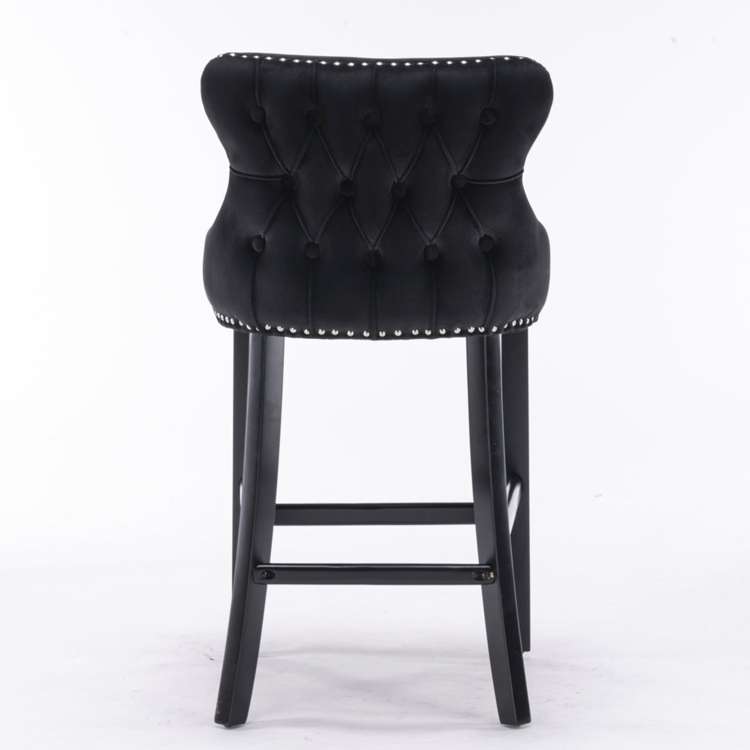 4x Velvet Upholstered Button Tufted Bar Stools with Wood Legs and Studs-Black 7