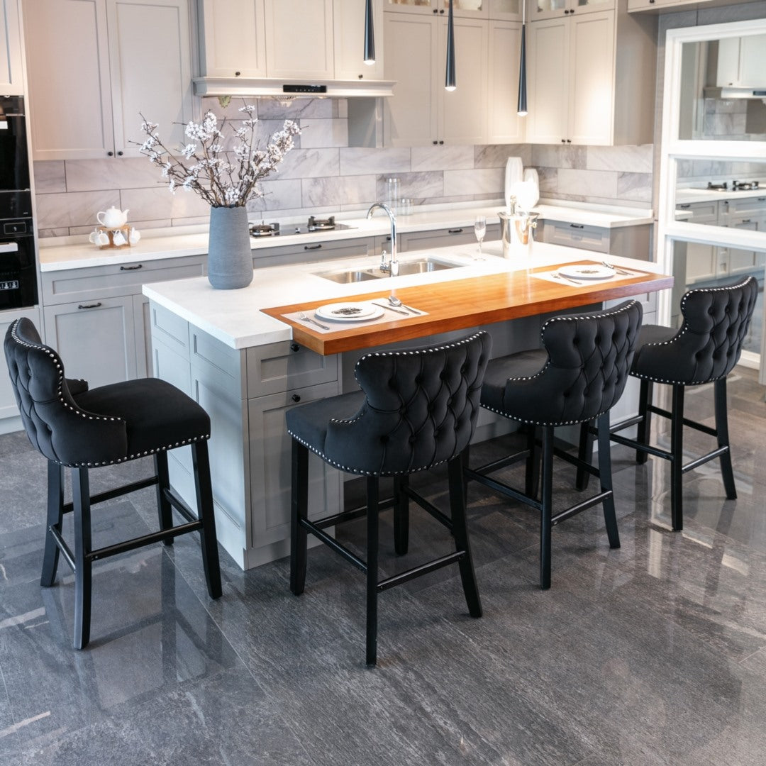 4x Velvet Upholstered Button Tufted Bar Stools with Wood Legs and Studs-Black 9