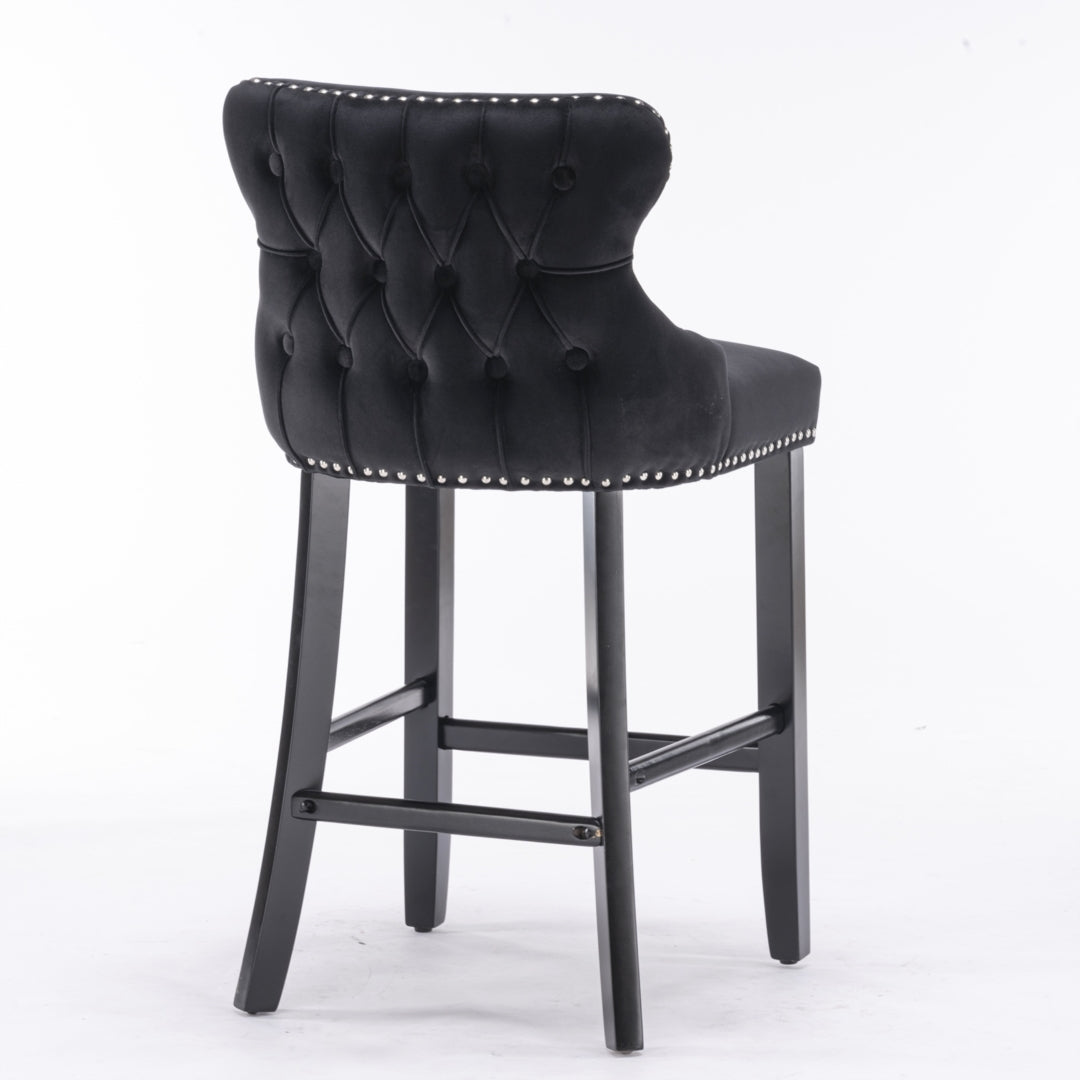 2x Velvet Upholstered Button Tufted Bar Stools with Wood Legs and Studs-Black 5