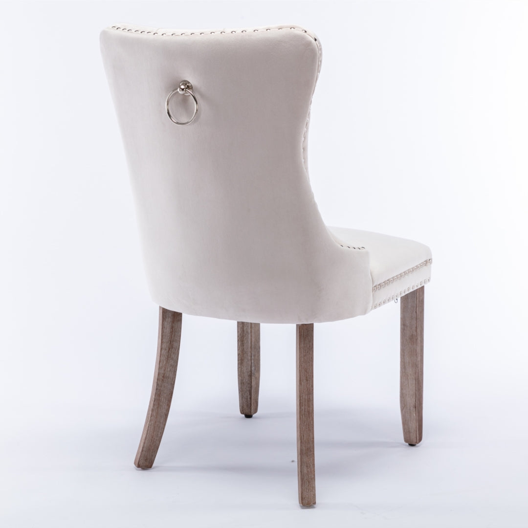 4x Velvet Dining Chairs Upholstered Tufted Kithcen Chair with Solid Wood Legs Stud Trim and Ring-Beige 6