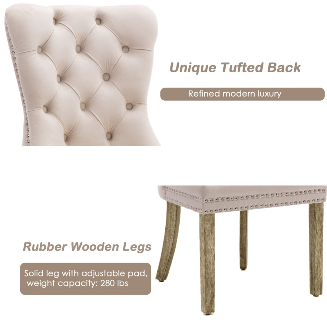 4x Velvet Dining Chairs Upholstered Tufted Kithcen Chair with Solid Wood Legs Stud Trim and Ring-Beige 11
