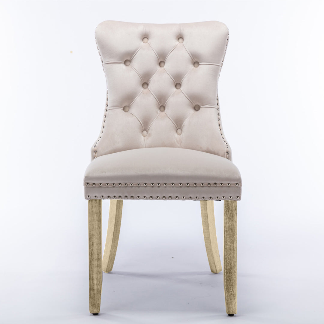 6x Velvet Dining Chairs Upholstered Tufted Kithcen Chair with Solid Wood Legs Stud Trim and Ring-Beige 4