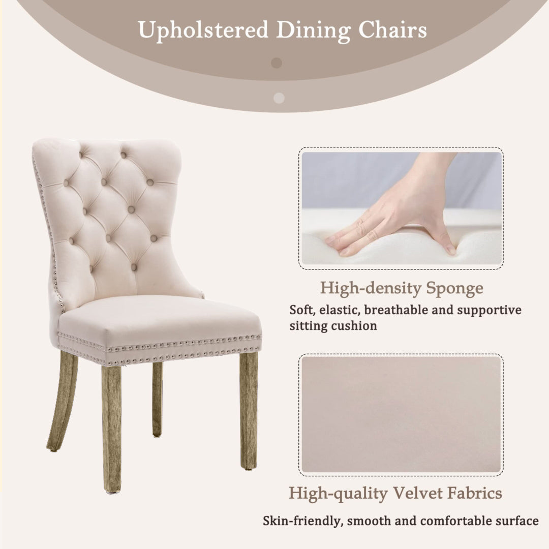6x Velvet Dining Chairs Upholstered Tufted Kithcen Chair with Solid Wood Legs Stud Trim and Ring-Beige 8
