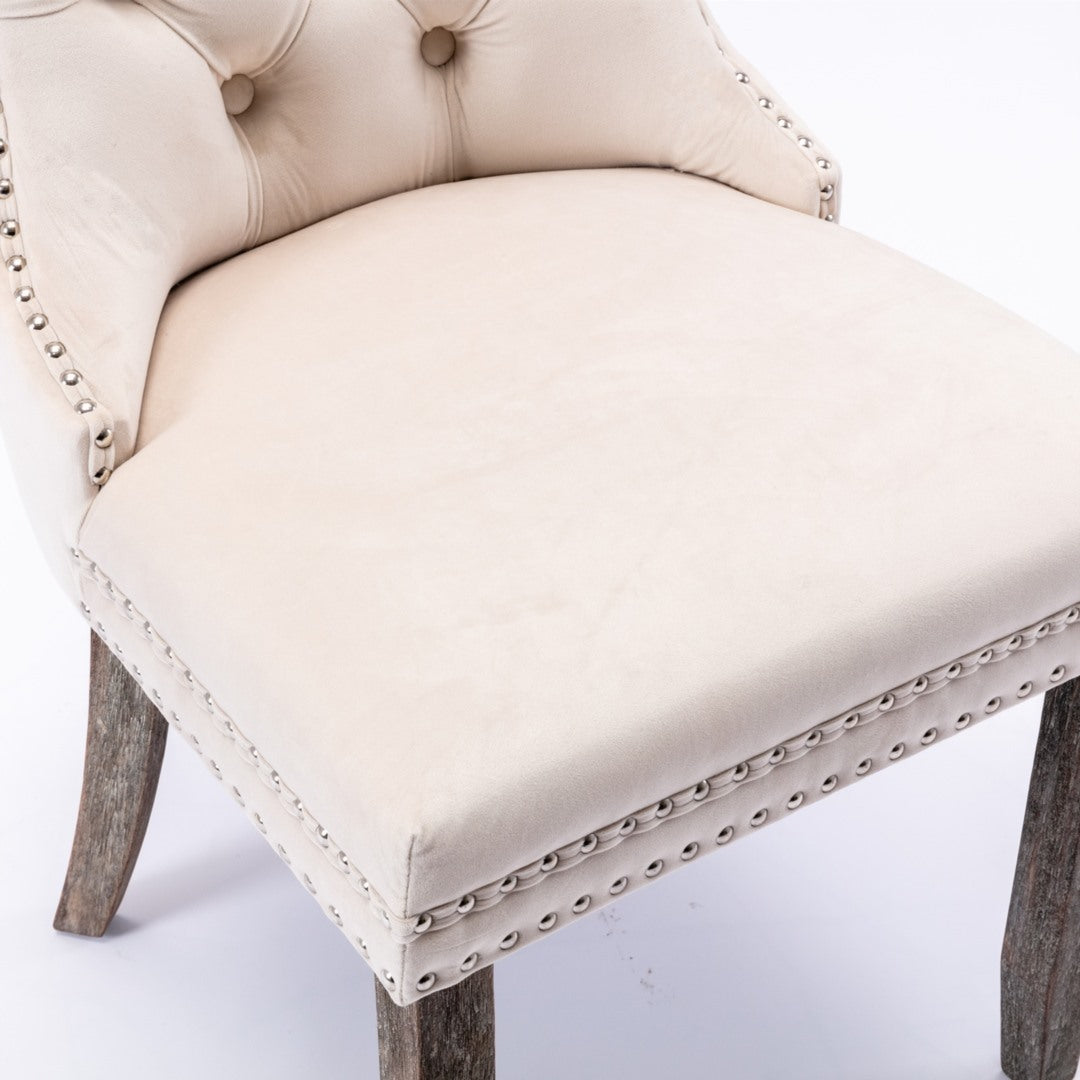 6x Velvet Dining Chairs Upholstered Tufted Kithcen Chair with Solid Wood Legs Stud Trim and Ring-Beige 13