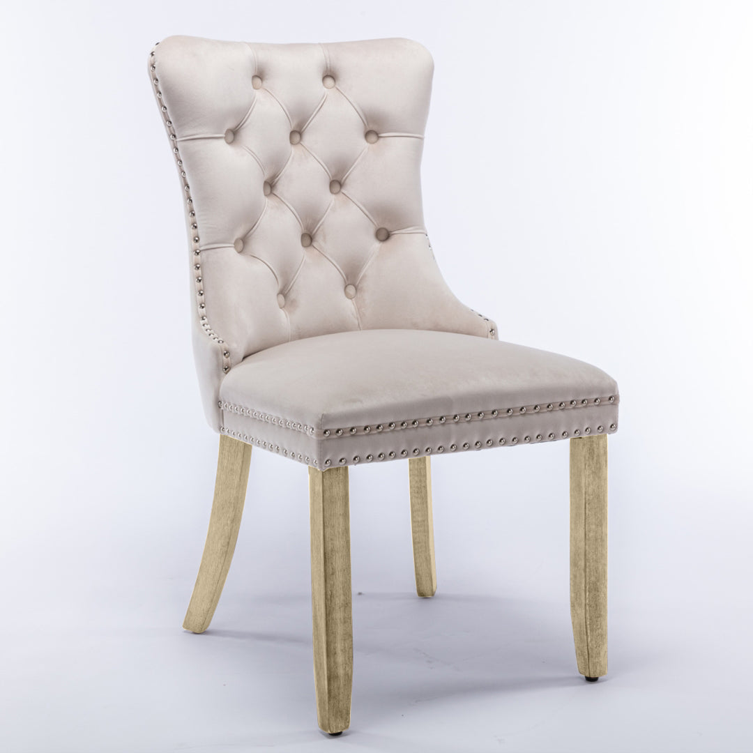 8x Velvet Dining Chairs Upholstered Tufted Kithcen Chair with Solid Wood Legs Stud Trim and Ring-Beige 3