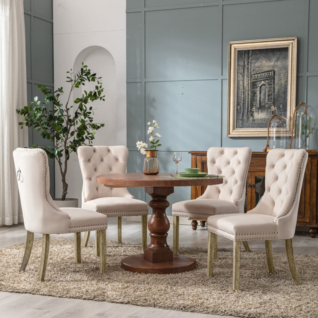 8x Velvet Dining Chairs Upholstered Tufted Kithcen Chair with Solid Wood Legs Stud Trim and Ring-Beige 10