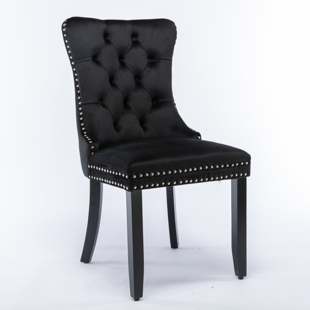 4x Velvet Dining Chairs Upholstered Tufted Kithcen Chair with Solid Wood Legs Stud Trim and Ring-Black 3