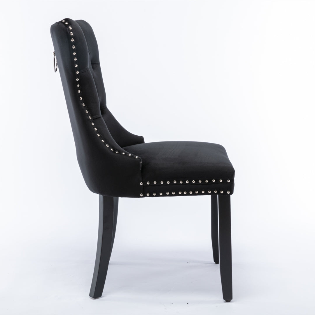 4x Velvet Dining Chairs Upholstered Tufted Kithcen Chair with Solid Wood Legs Stud Trim and Ring-Black 5