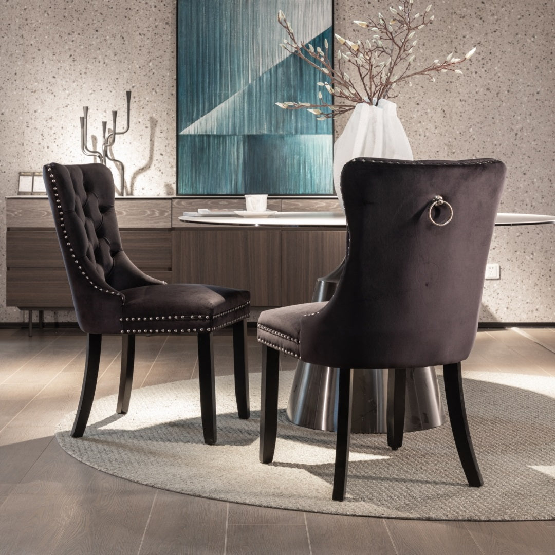 4x Velvet Dining Chairs Upholstered Tufted Kithcen Chair with Solid Wood Legs Stud Trim and Ring-Black 12