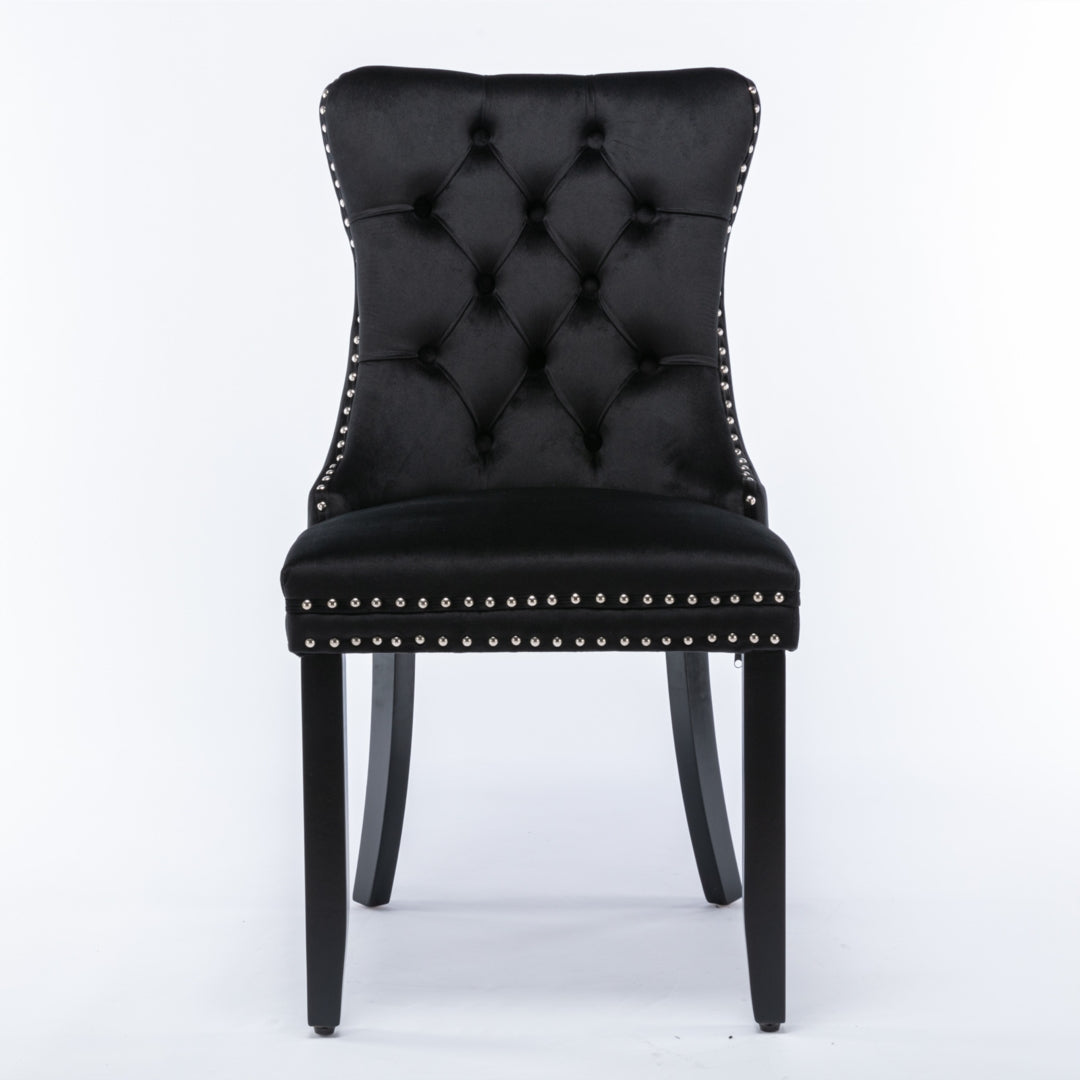 6x Velvet Dining Chairs Upholstered Tufted Kithcen Chair with Solid Wood Legs Stud Trim and Ring-Black 4