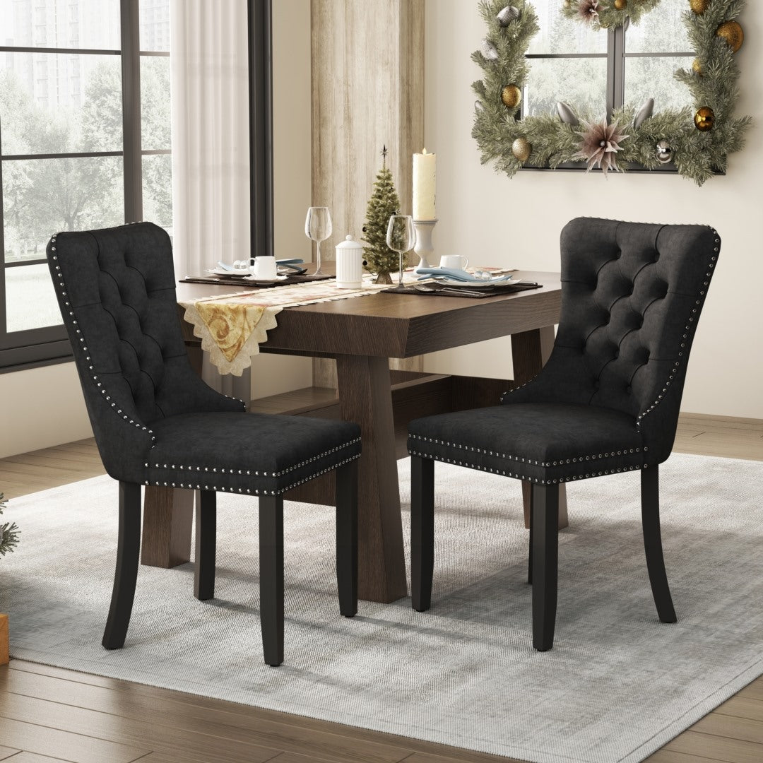 8x Velvet Dining Chairs Upholstered Tufted Kithcen Chair with Solid Wood Legs Stud Trim and Ring-Black 10