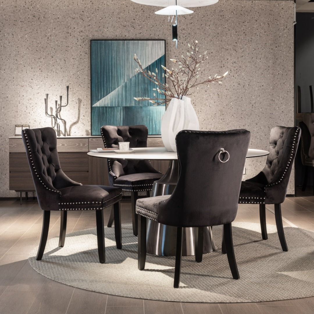 8x Velvet Dining Chairs Upholstered Tufted Kithcen Chair with Solid Wood Legs Stud Trim and Ring-Black 11