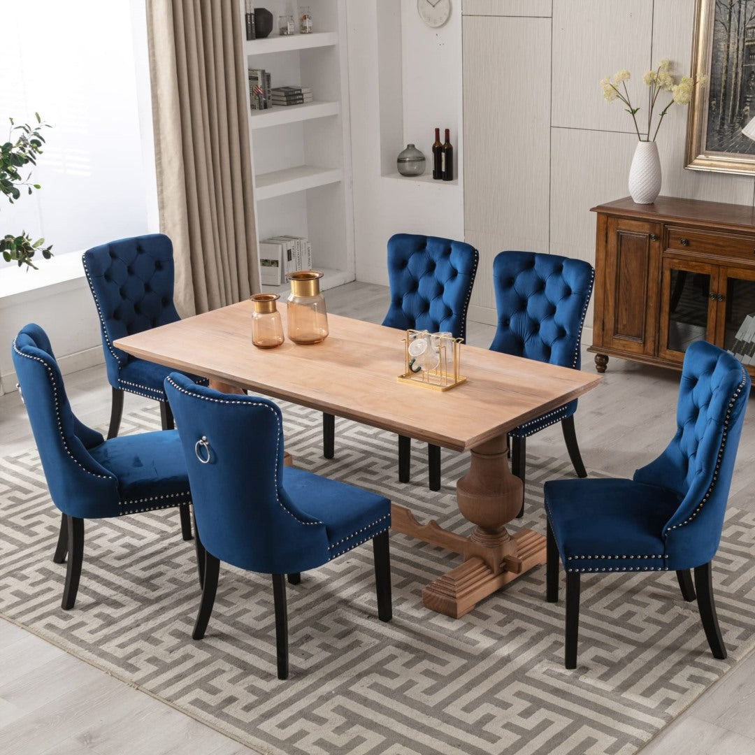 4x Velvet Dining Chairs Upholstered Tufted Kithcen Chair with Solid Wood Legs Stud Trim and Ring-Blue 9