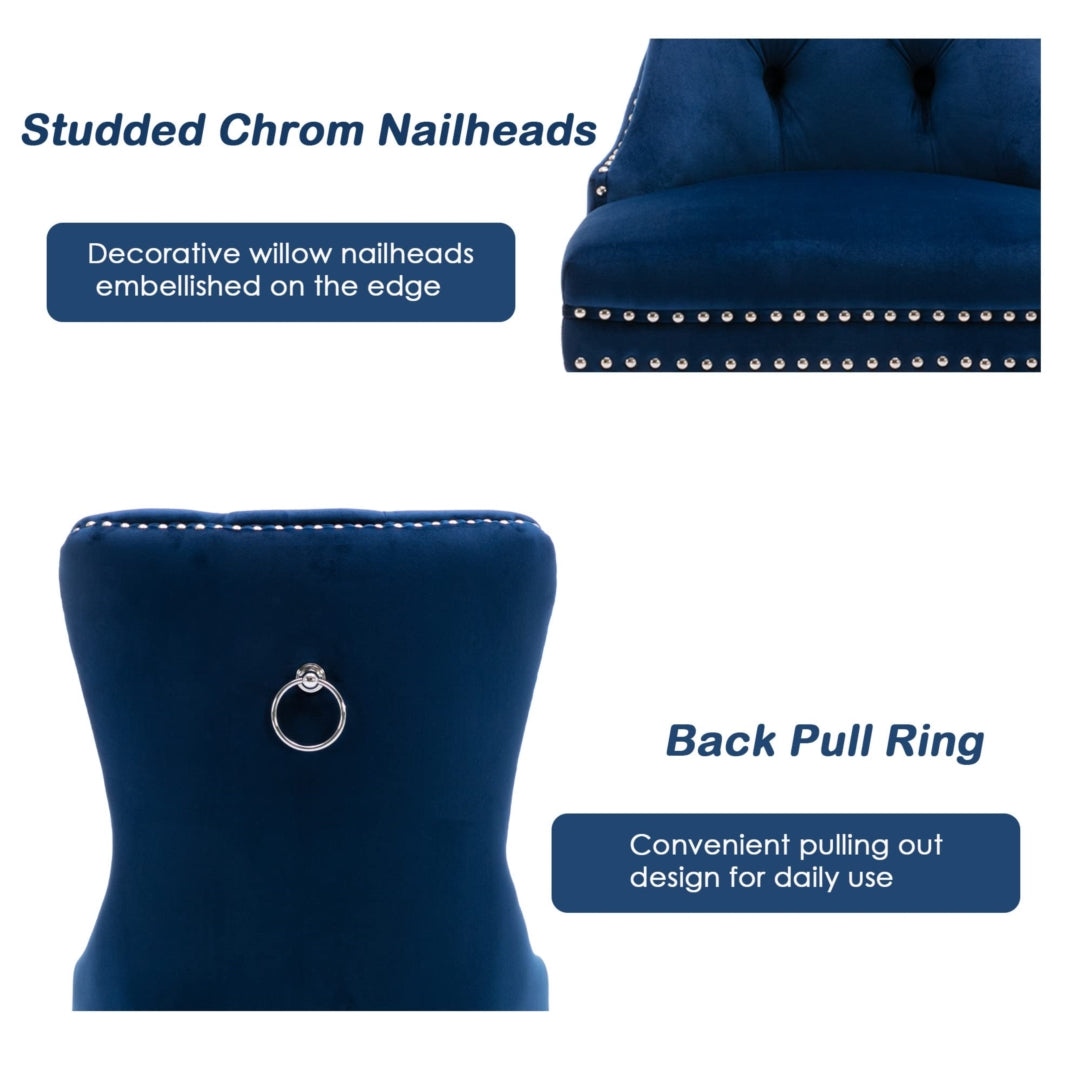 4x Velvet Dining Chairs Upholstered Tufted Kithcen Chair with Solid Wood Legs Stud Trim and Ring-Blue 10