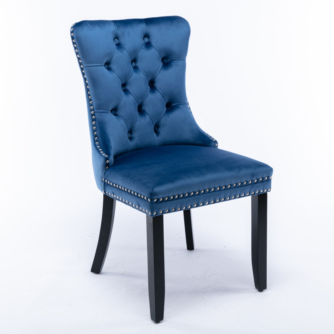 6x Velvet Dining Chairs Upholstered Tufted Kithcen Chair with Solid Wood Legs Stud Trim and Ring-Blue 3