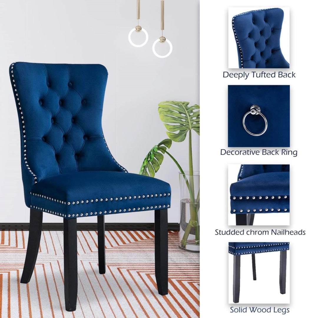 6x Velvet Dining Chairs Upholstered Tufted Kithcen Chair with Solid Wood Legs Stud Trim and Ring-Blue 7