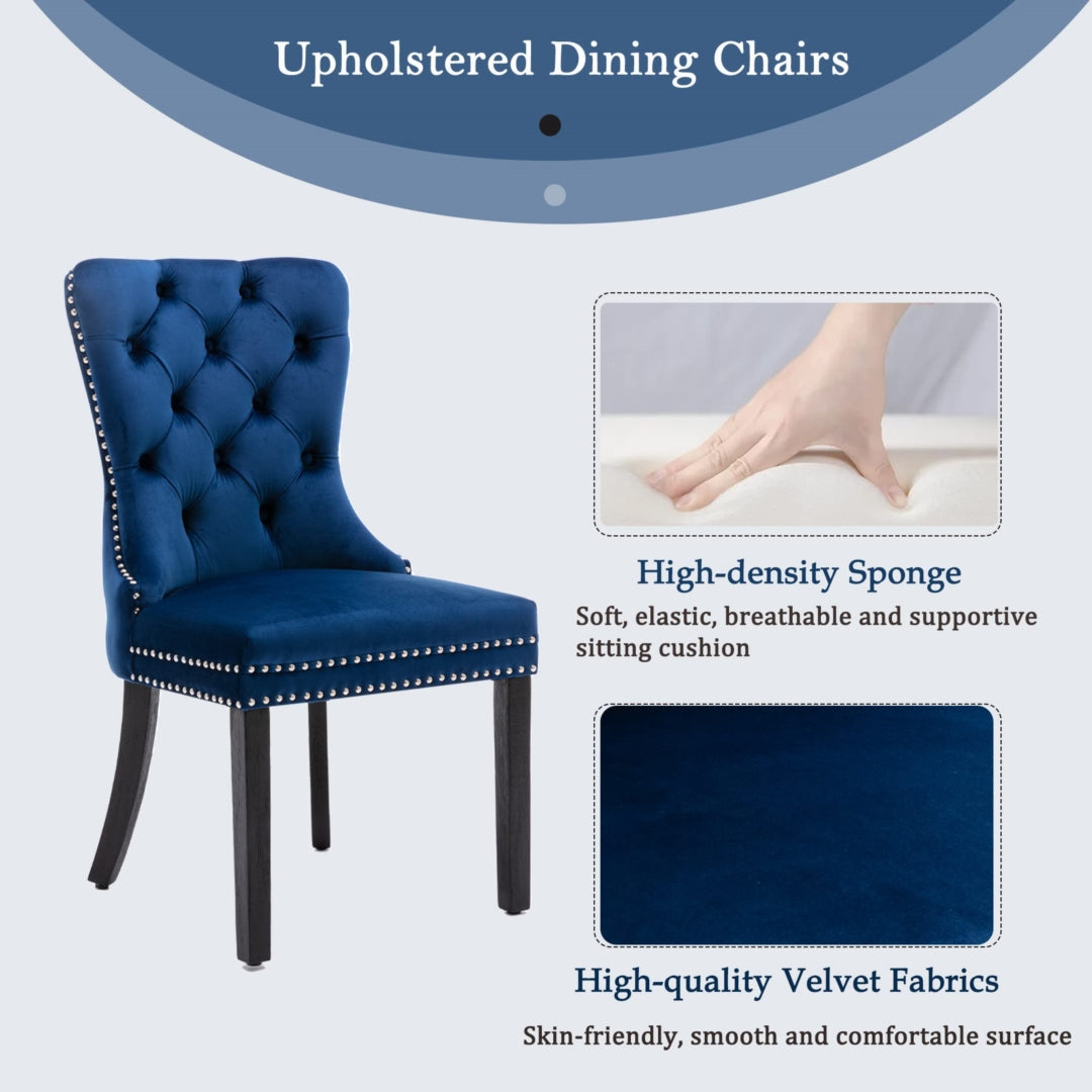 6x Velvet Dining Chairs Upholstered Tufted Kithcen Chair with Solid Wood Legs Stud Trim and Ring-Blue 8