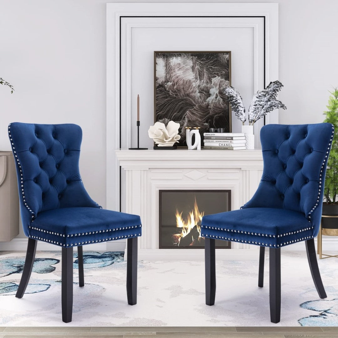8x Velvet Dining Chairs Upholstered Tufted Kithcen Chair with Solid Wood Legs Stud Trim and Ring-Blue 14