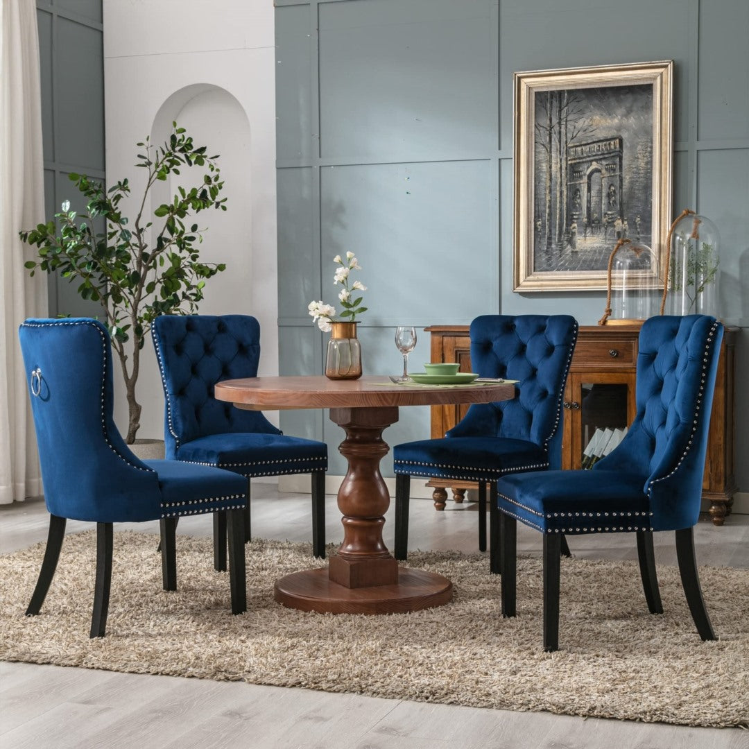 8x Velvet Dining Chairs Upholstered Tufted Kithcen Chair with Solid Wood Legs Stud Trim and Ring-Blue 15