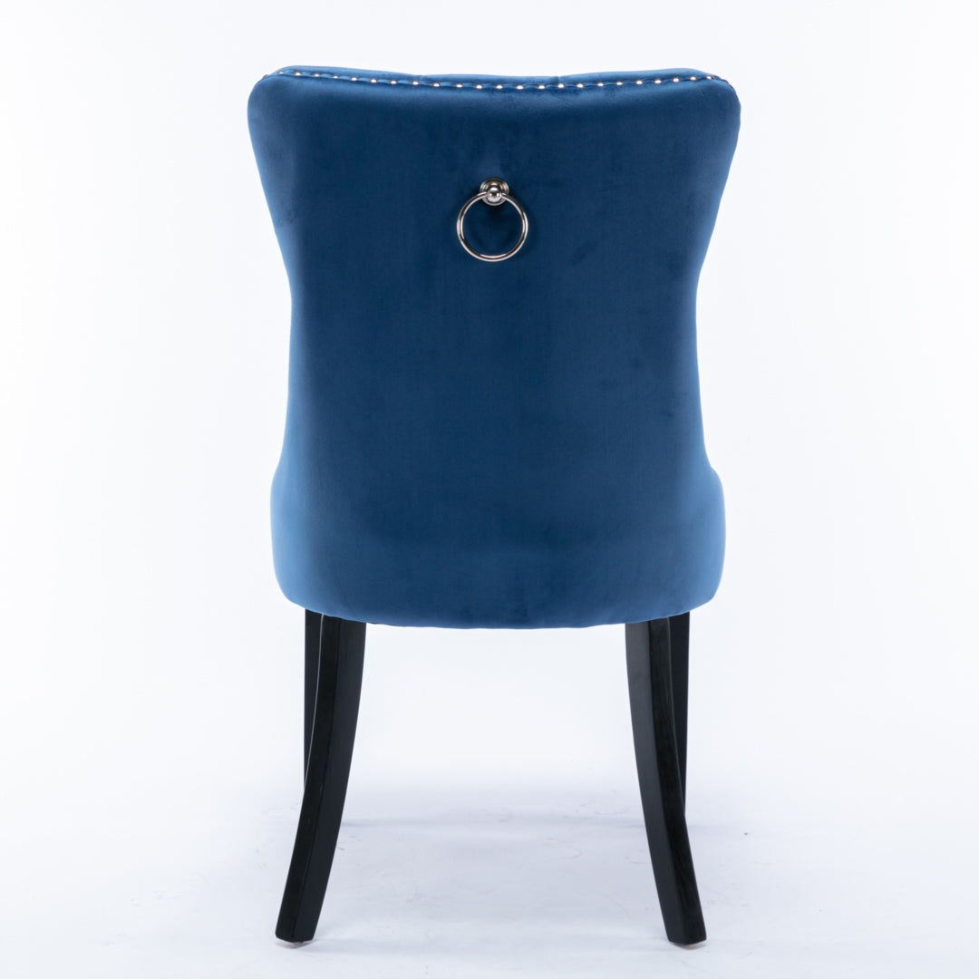 2x Velvet Dining Chairs Upholstered Tufted Kithcen Chair with Solid Wood Legs Stud Trim and Ring-Blue 4
