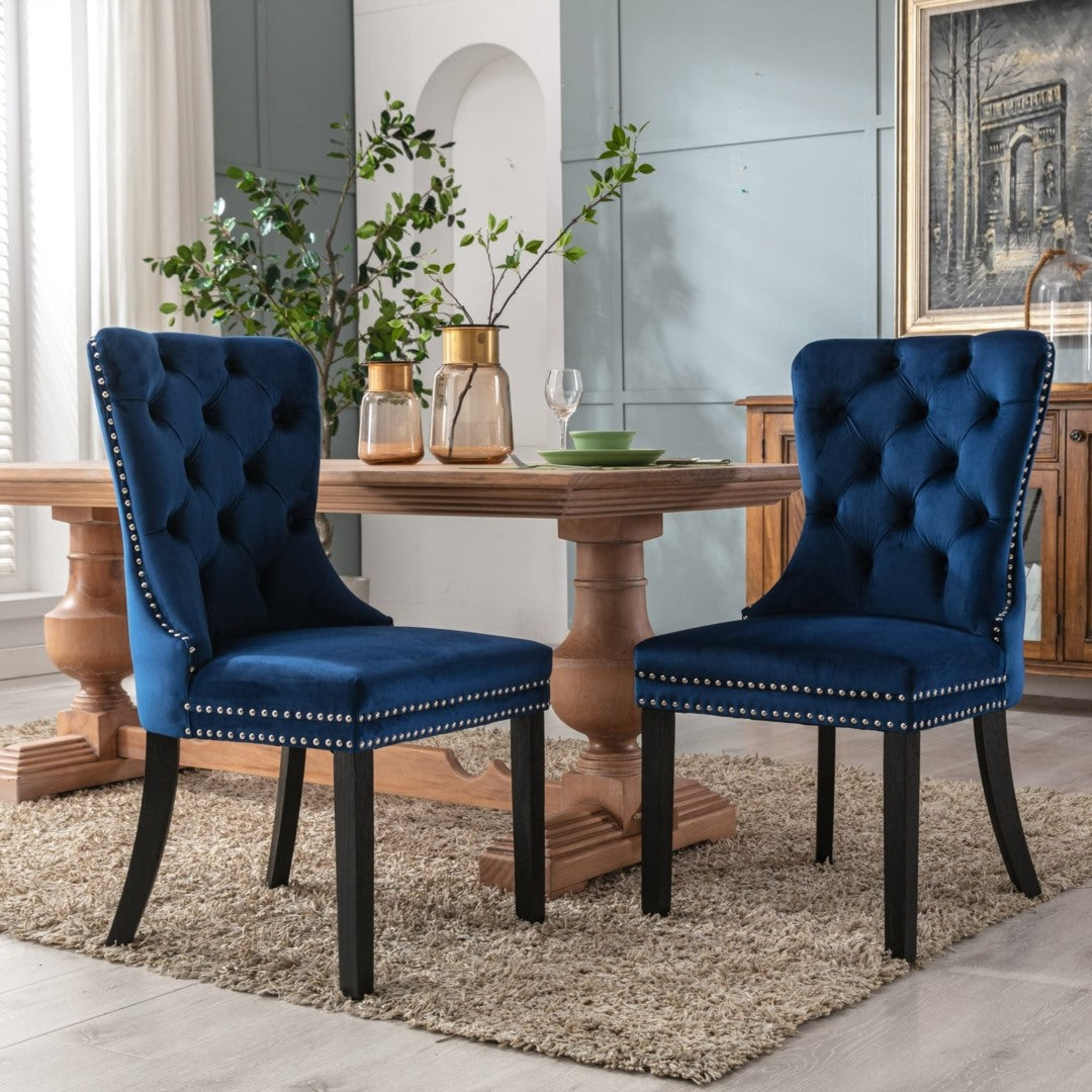 2x Velvet Dining Chairs Upholstered Tufted Kithcen Chair with Solid Wood Legs Stud Trim and Ring-Blue 12