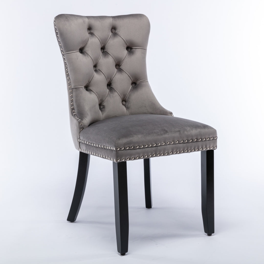 4x Velvet Dining Chairs Upholstered Tufted Kithcen Chair with Solid Wood Legs Stud Trim and Ring-Gray 3