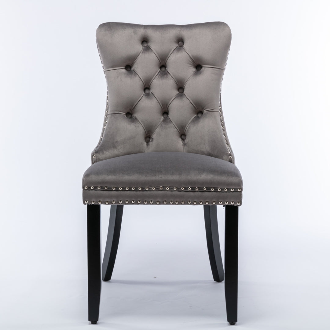 4x Velvet Dining Chairs Upholstered Tufted Kithcen Chair with Solid Wood Legs Stud Trim and Ring-Gray 4