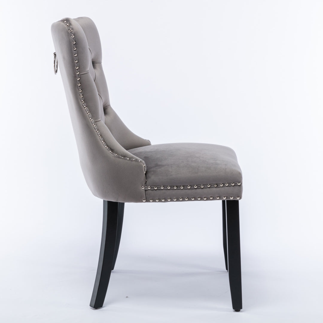 4x Velvet Dining Chairs Upholstered Tufted Kithcen Chair with Solid Wood Legs Stud Trim and Ring-Gray 5