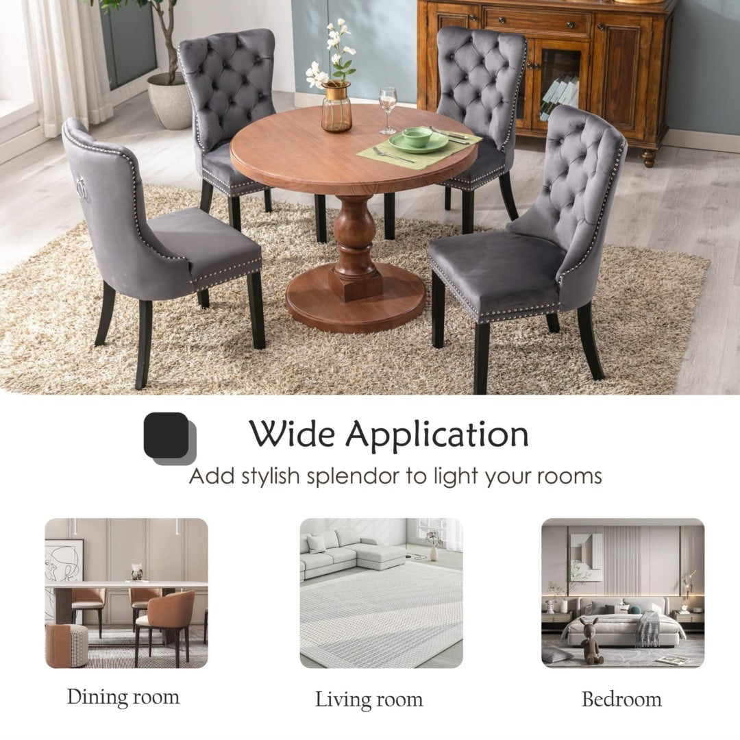 4x Velvet Dining Chairs Upholstered Tufted Kithcen Chair with Solid Wood Legs Stud Trim and Ring-Gray 8
