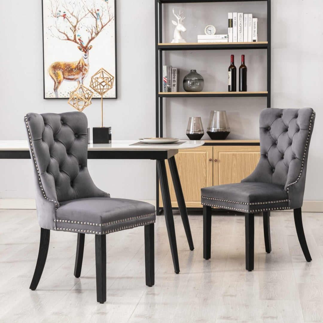 6x Velvet Dining Chairs Upholstered Tufted Kithcen Chair with Solid Wood Legs Stud Trim and Ring-Gray 10