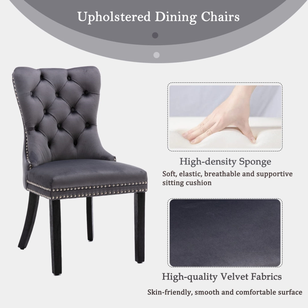 6x Velvet Dining Chairs Upholstered Tufted Kithcen Chair with Solid Wood Legs Stud Trim and Ring-Gray 15
